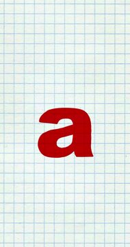 A letter small forming cartoon color vertical animation. Compatibile part of alphabet serie on exercise book grid background. Hand drawn bold educational style for children presentation, learning.