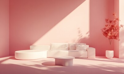 Pink minimalist living room with soft light and modern furniture.  Sunlit corner,  simple white sectional sofa, round coffee table,  accent plant