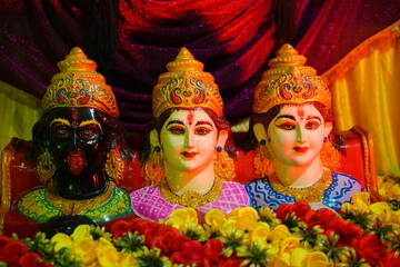 Colorful Artistic Statues Representing Indian Goddess Laxmi, Kali and Parvati Idol