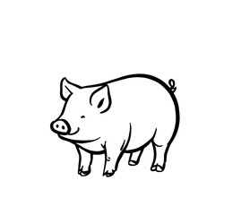 Obraz premium Cute vector illustration of a smiling pig in black and white, ideal for farm-themed designs and children's educational materials. Perfect for animal lovers and creative projects.