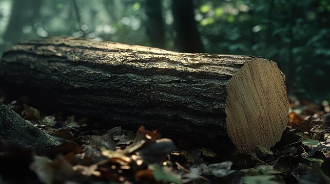 a meranti damar putih log, highlighting its light yellow to pale brown color and fine, straight grain, with a smooth cross-section and rough bark exterior, lying on a forest floor surrounded by leaves