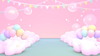 3D render cartoon balloons party with bunting flags.