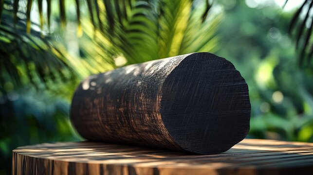 meranti damar hitam log, emphasizing its dark brown to black color and dense, tight grain, with a smooth cross-section and rough bark exterior, placed on a wooden platform in a tropical setting