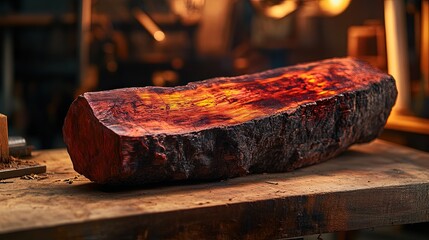 a meranti damar merah log, highlighting its reddish-brown color and interlocking grain, with visible resin streaks and a rough texture, placed on a wooden workbench in a workshop setting