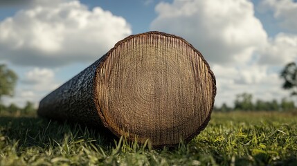 a meranti damar kuning log, showcasing its yellowish-brown color and straight grain, with a smooth cross-section and rough bark exterior, lying on a grassy field under a cloudy sky, natural daylight