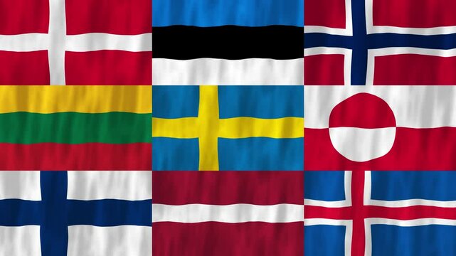 Baltic and Nordic flags country animation 3D symbol waving in wind movement national patriotism world culture emblem banner republic Denmark Estonia Sweden Latvia Lithuania Iceland Finland Norway