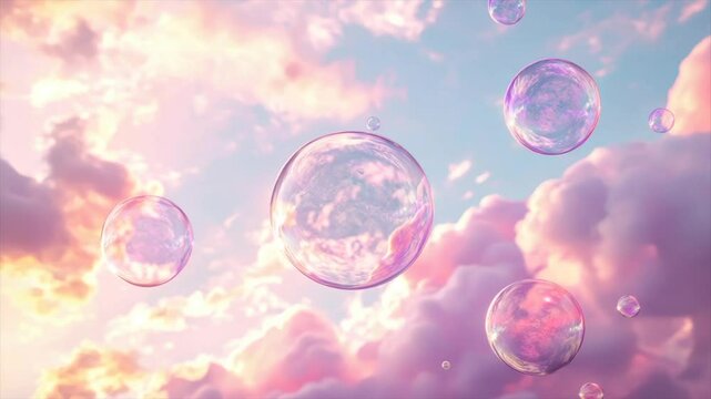 Soft, pastel clouds and floating bubbles