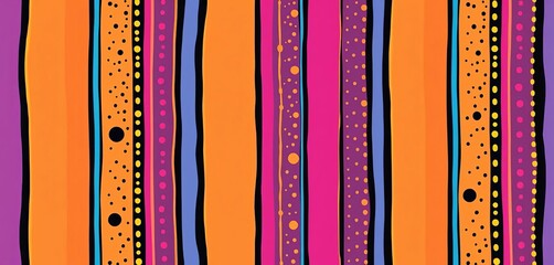 Vertical stripes of seamlessly repeating doodle dots in a patchwork style, vibrant, cute