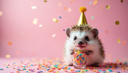 Cute hedgehog wearing gold party hat celebrating, holding glass of colorful candies on pink background. Confetti in air creating festive atmosphere. Joyful celebration, birthday party, fun.