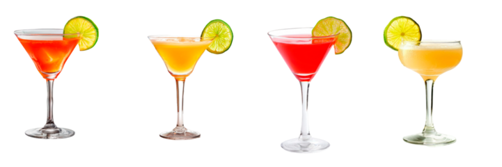 Bright set of tropical daiquiri cocktails with ice isolated on transparent png background. Perfect for summer parties, beach events and refreshing themed drink designs