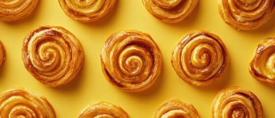 Fototapeta premium Sweet Caramel Rolls on a Sunny Yellow Background Perfect for Breakfast or Dessert Still Life Food Photography