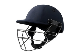 A cricket helmet featuring a dark blue exterior and a metal grille for facial protection. Concept Cricket Helmet Design, Dark Blue Exterior, Facial Protection Metal Grille, Safety Gear in Cricket