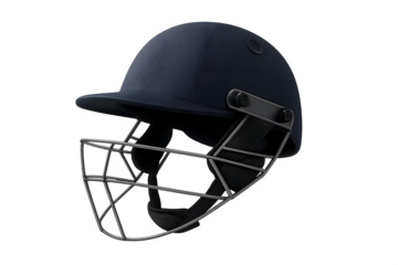 A cricket helmet featuring a dark blue exterior and a metal grille for facial protection. Concept Cricket Helmet Design, Dark Blue Exterior, Facial Protection Metal Grille, Safety Gear in Cricket