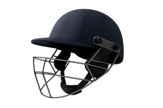 A cricket helmet featuring a dark blue exterior and a metal grille for facial protection. Concept Cricket Helmet Design, Dark Blue Exterior, Facial Protection Metal Grille, Safety Gear in Cricket