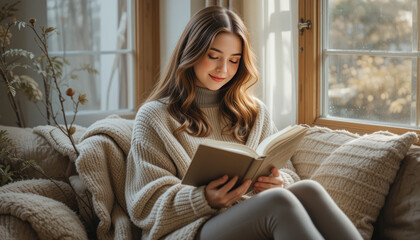 Cozy Indoor Reading Session with Young Woman in Sweater by Window in Natural Light Emphasizing Relaxation and Comfort