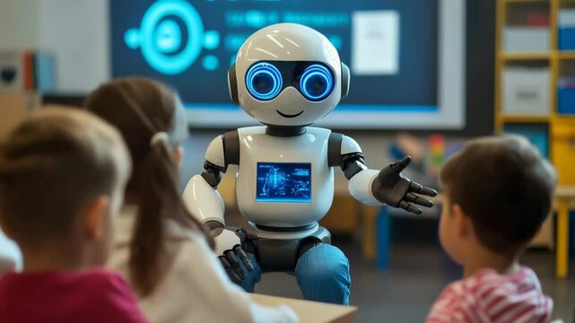 Photo of a robot teacher in front of students, teaching English to kids in the classroom. The human-like appearance and friendly expression on its face make it attractive for children