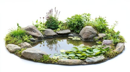 A miniature pond in a backyard garden, white background