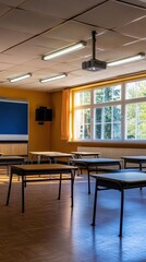Fototapeta premium Classroom Interior with Desks and Natural Light Streaming Through the Windows for Learning