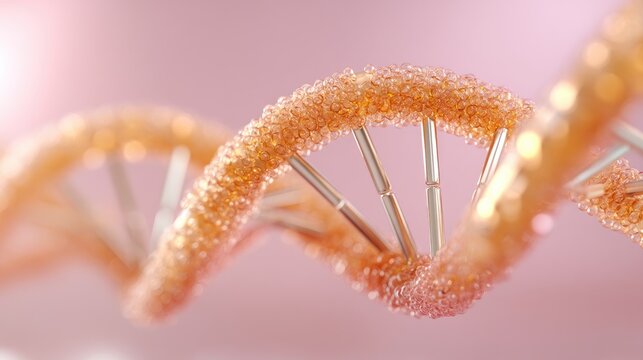 Cybersecurity balance concept. DNA strand with sparkling texture against a soft pink background.