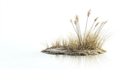 Fototapeta premium A miniature pond with a single reed bending in the breeze, white background