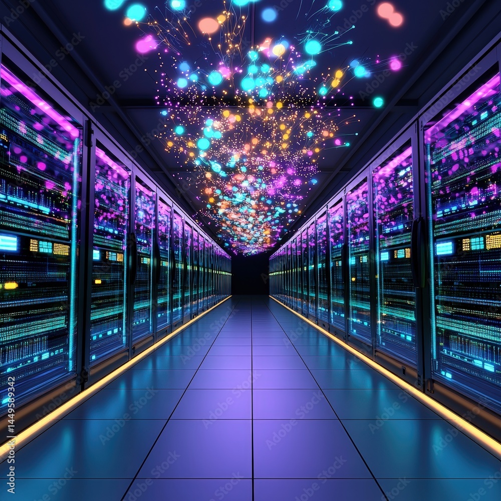 Poster extensive server room featuring multiple rows of servers and advanced networking equipment in use