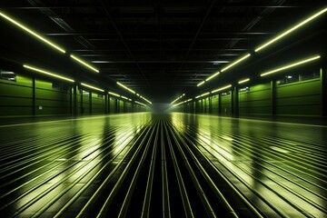 Futuristic industrial hallway illuminated by vibrant green LED lights creating a surreal and reflective environment