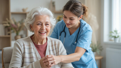 Fototapeta premium Caring nurse assisting elderly woman in a cozy home environment, showcasing compassion and support for senior health and well-being