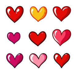 heart vector set, colorful cartoon hearts on white background