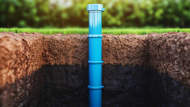 Modern borehole well with blue pipe, soil and grass showing clean water supply system in rural outdoor environment