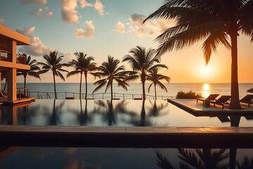 Luxurious Tropical Resort with Infinity Pool and Ocean View at Sunset

