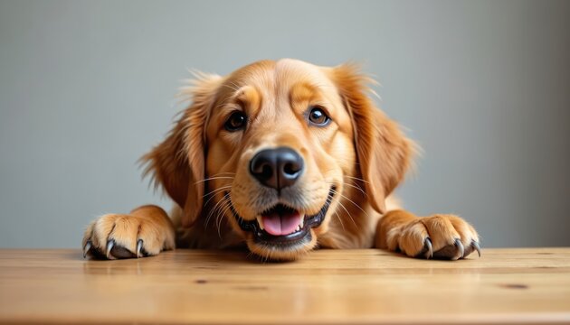 Curious golden retriever rests head table. Playful dog, happy pet, joyful expression. Loyal, friendly, indoor, friendship bond. Purebred puppy with charming look.