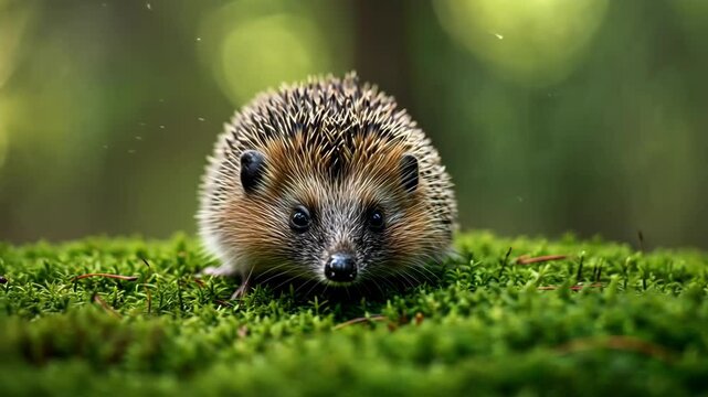 A hedgehog on vibrant moss, in a bokeh forest