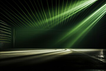 Ethereal green beams of light cascading through a dark room, creating an enchanting and mysterious atmosphere with compelling contrasts of light and shadow.