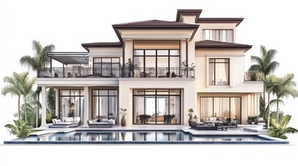 Fototapeta premium Luxury villa with pool and tropical garden on a sunny day, exclusive residence