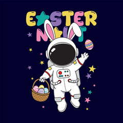 Cartoon astronaut with bunny ears holding an Easter basket, floating in space with colorful eggs and stars.
