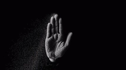 Cracked hand forming stop gesture dissolving into particles on black background. Metaphor for ecological destruction, environmental warning, and human connection with nature.