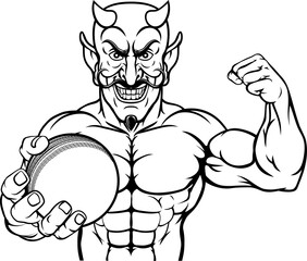 A devil Satan cricket sports mascot cartoon character man holding a ball