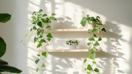 A minimalist floating shelf with hanging pothos plants