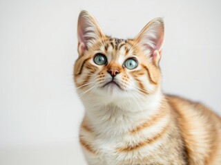 an image of a cat with blue eyes looking up, there is a cat that is looking up at something