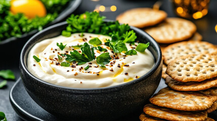 Delicious bowl of creamy egg mayo salad garnished with fresh parsley and cracked pepper, surrounded by crispy crackers, creates inviting appetizer setting