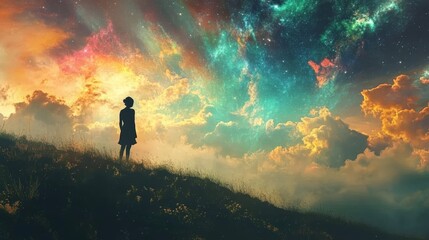 Fototapeta premium Silhouette of a young girl standing on a hill, looking up at a vast, colorful sky.
