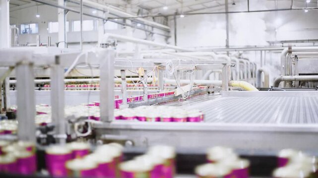 Agriculture industry, Industrial production of tomatoes and tomato paste. Canned tomatoes on a conveyor belt in an industrial plant. food industry