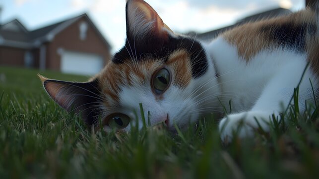 Calico Cat Hiding in Green Grass Outdoors - Powered by Adobe
