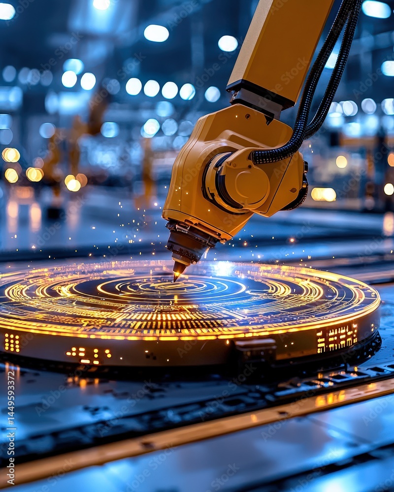 Poster advanced robot working diligently on circular object in high-tech workshop with modern equipment