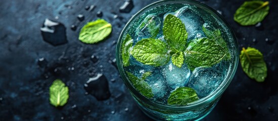 Refreshing turquoise mint beverage garnished with vibrant mint leaves.