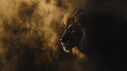 Majestic lion profile, smoky sunset, African savanna, wildlife photography