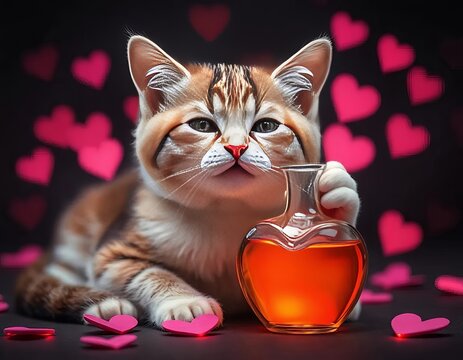 an image of a cat is holding a glass jar with a liquid inside, there is a cat that is holding a bottle of honey