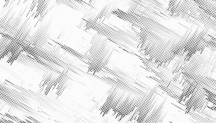 Abstract halftone dots. Spotted and dotted stains gradient background. Abstract comic texture with fading effect. Black and white rough gritty wallpaper. Grunge monochrome geometric backdrop. 