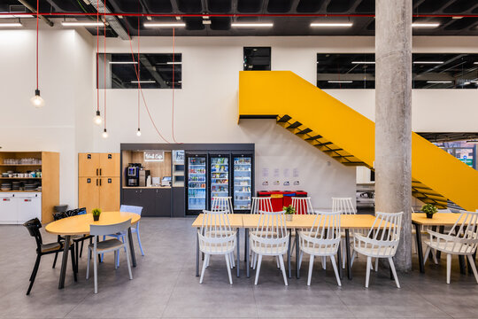 Modern office cafeteria with vibrant design