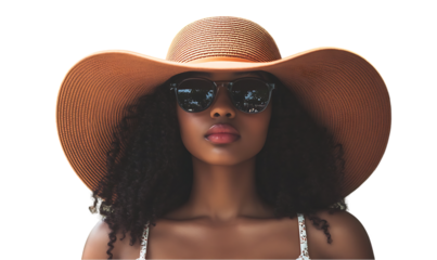 Portrait of a Young Woman with Dark Curly Hair Wearing a Large Brown Sun Hat and Sunglasses